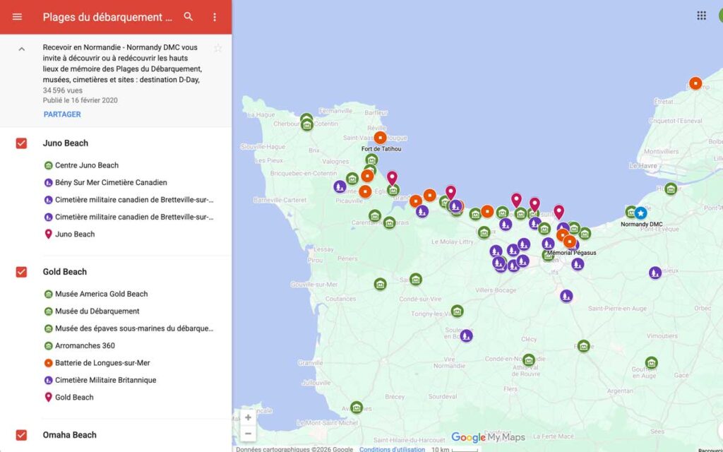 Google maps des lieux à visiter sur les Plages du Débarquement